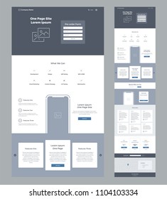 One page website design template for business. Landing page wireframe. Flat modern responsive design. Ux ui website: home, features, offers, order, testimonials, prices, questions, contacts, form, map