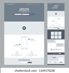 One page website design template for business. Landing page wireframe. Flat modern responsive design. Ux ui website: home, video, features, offers,  gallery, advantages, testionials, order, contacts