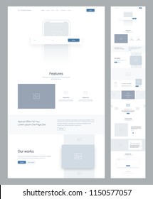 One page website design template for business. Landing page wireframe. Flat modern responsive design. Ux ui website: home, features, works, items, slides, offers, order, testimonials, contacts.