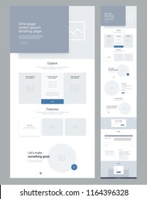 One page website design template for business. Landing page wireframe. Flat modern responsive design. Ux ui website: home, explore, features, slides, ecommers, price, product, testimonials, special of