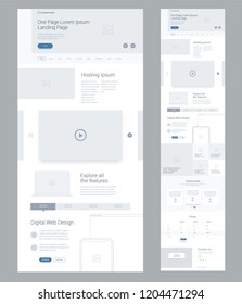 One page website design template for business. Landing page wireframe Digital Web. Flat modern responsive design. Ux ui website: hosting, video, technology, gallery, testimonials, prices, contact us.