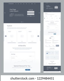 One page website design template for business. Landing page wireframe. Flat modern responsive design. Ux ui website: home, explore, benefits, earnings, discount, features, works, testimonials, details