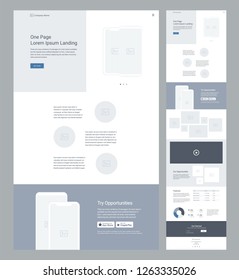 One page website design template for business. Landing page wireframe. Flat modern responsive design. Ux ui website: home, features, applications, photo gallery, video, graphic, order and contacts.