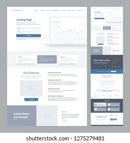 One page website design template for business. Landing page wireframe. Flat modern responsive design. Ux ui website: home, features, news, opportunities, subscribe, explore, testimonials, order.