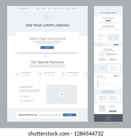 One Page Website Design Template For Business. Landing Page Wireframe. Flat Modern Responsive Design. Ux Ui Website: Home, Features, Video, News, About Us, Statistic, Company, Order, Contacts.