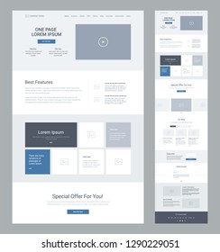 One Page Website Design Template For Business. Landing Page Wireframe. Flat Modern Responsive Design. Ux Ui Website: Home, Features, Gallery, Offer, Slider, Blog, Subscribe, Testimonials, News.