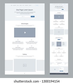 Plantilla de diseño de sitio web de una página para empresas. Estructura alámbrica de la página de destino. Diseño moderno y plano. Sitio web de Ux ui: hogar, ventajas, galería, beneficios especiales, pasos, testimonios, contactos.