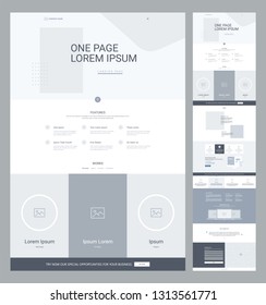 One page website design template for business. Landing page wireframe. Flat modern responsive design. Ux ui website: home, features, works, news, specials, details, testimonials, contact us.