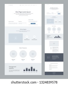 One page website design template for business. Landing page wireframe. Flat modern responsive design. Ux ui website: home, features, advantages, opportunities, statistics, FAQ, offer and management.