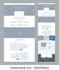 One Page Website Design Template For Business. Landing Page Wireframe. Flat Modern Responsive Design. Ux Ui Website: Home, Features, Video, About Product, Gallery, Statistics And Details, Contacts.