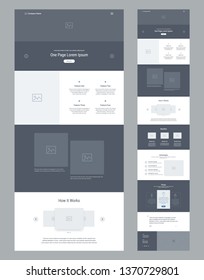 One page website design template for business. Landing page wireframe. Flat modern responsive design. Ux ui website: home, features, about, works, benefits, advantages, prices, testimonials, contacts.