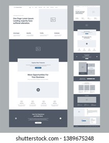 One page website design template for business. Landing page wireframe. Flat modern responsive design. Ux ui website: home, info, features, opportunities, offers, benefits, testimonials, contacts.
