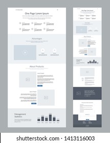 One page website design template for business. Landing page wireframe. Flat modern responsive design. Ux ui website template. Concept mockup layout for development. Best convert page.