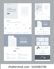 One page website design template for business. Landing page wireframe. Flat modern responsive design. Ux ui website template. Concept mockup layout for development. Best convert page.