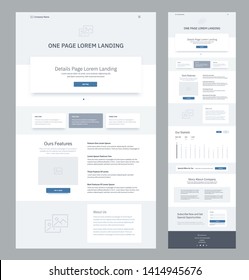 One Page Website Design Template For Business. Landing Page Wireframe. Flat Modern Responsive Design. Ux Ui Website Template. Concept Mockup Layout For Development. Best Convert Page.