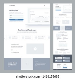 One page website design template for business. Landing page wireframe. Flat modern responsive design. Ux ui website template. Concept mockup layout for development. Best convert page.