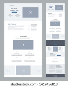 One Page Website Design Template For Business. Landing Page Wireframe. Flat Modern Responsive Design. Ux Ui Website Template. Concept Mockup Layout For Development. Best Convert Page.