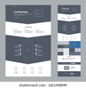 One page website design template for business. Landing page wireframe. Flat modern responsive design. Ux ui website template. Concept mockup layout for development. Best convert page.