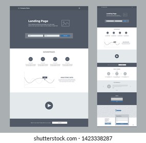 One page website design template for business. Landing page wireframe. Flat modern responsive design. Ux ui website template. Concept mockup layout for development. Best convert page.