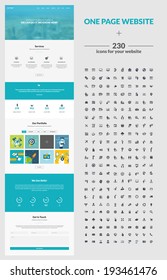 Plantilla de diseño de sitio web de una página. Todo en un conjunto para el diseño de sitios web que incluye plantillas de un sitio web de una página, un conjunto de 230 iconos de negocios para el diseño web e ilustraciones de concepto de diseño plano.