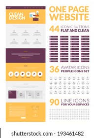 One page website design template. All in one set for website design that includes one page website templates, set of 90 line icons, set of 36 avatar iconic and set of 44 iconic buttons.