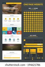 One page website design template. All in one set for website design that includes one page website templates, set of 100 line icons, ux/ui kit for website design, and flat design illustrations.    