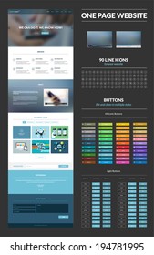 One page website design template. All in one set for website design that includes one page website templates, set of line icons, iconic buttons, light buttons, video players, flat illustrations.    