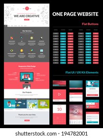 One page website design template. All in one set for website design that includes one page website template, set of flat buttons, ux/ui kit for website design, flat design concept illustrations.    