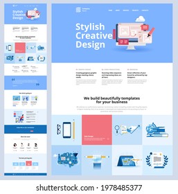 One page website design template. Vector illustration concept for web design and development on the topic of creative web templates, branding, video marketing, business strategy and seo.  