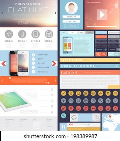 One Page Website Design Template with UI Elements kit, Flat Design Concept Icons and Blurred Smooth Backgrounds. Mobile Phones and Tablet PC Designs. Set of Forms and Buttons. Vector.