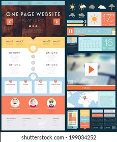 One Page Website Design Template with UI Elements kit, Flat Design Concept Icons and Blurred Smooth Backgrounds. Mobile Phones and Tablet PC Designs. Set of Forms and Buttons. Vector. 