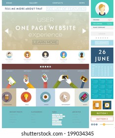 One Page Website Design Template with UI Elements kit and Flat Design Concept Icons. Mobile Phones and Tablet PC Designs. Set of Forms and Buttons. Vector. 