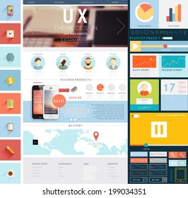 One Page Website Design Template with UI Elements kit, Flat Design Concept Icons and Blurred Smooth Backgrounds. Mobile Phones and Tablet PC Designs. Set of Forms and Buttons. Vector. 