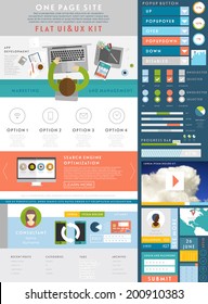 One Page Website Design Template with UI Elements kit, Flat Design Concept Icons and Blurred Smooth Backgrounds. Mobile Phones and Tablet PC Designs. Set of Forms and Buttons. Vector.