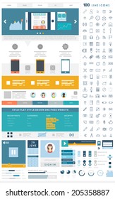 One Page Website Design Template with UI Elements kit and Flat Design Concept Icons. Mobile Phones and Tablet PC Designs. Set of Forms, Dividers, Borders and Buttons. Business Style. 100 Line Icons.