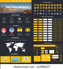 One Page Website Design Template With World Map Menu And Slider Vector Illustration