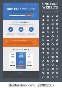 One page website design template with set of flat icons.