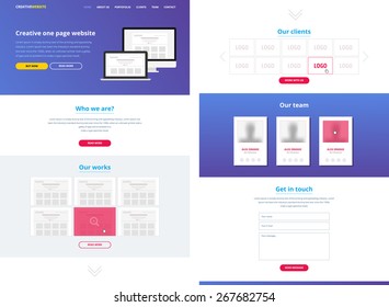 One page website design template. All in one set for website design that includes one page website templates. Flat one page website. Wireframe.