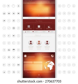 One page website design template. All in one set for website design that includes one page website templates, set of line icons, ux/ui kit for website design, and flat design illustrations. 