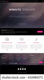 One Page Website Design Template, With Black, Pink & Purple Flat Design For Landing Pages