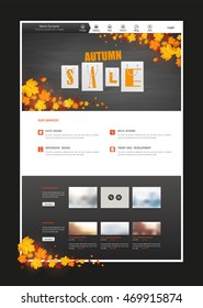 One page website design template in autumn theme, Autumn leaves on blackboard header design with shopping bags. Vector Illustration.