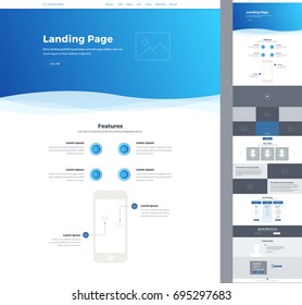 One page website design template for business. Landing page wireframe. Modern responsive design. Ux ui website: about us, features, video, gallery, team, pricing, subscribe, testimonials, contacts