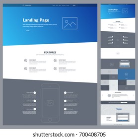 One page website design template for business. Modern landing page responsive wireframe. Ux ui website: about us, features, video, gallery, order, subscribe, testimonials, map, questions, contacts