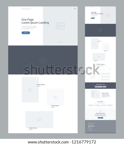 One page website design template for business. Landing page wireframe. Flat modern responsive design. Ux ui website: home, video, projects, features, offer, about product, clients, contact us, map.