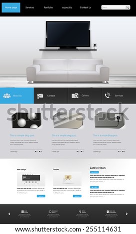 One page website design Template and interior, tv on the wall.