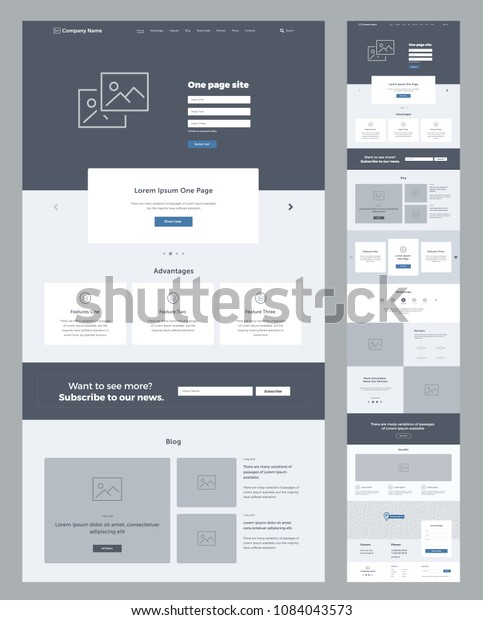 One page website design template for business.\
Landing page wireframe. Flat modern responsive design. Ux ui\
website: home, advantages, features, blog, testimonials, partners,\
benefits, contacts, form.
