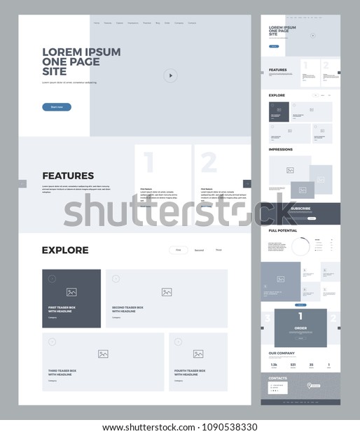 One page website design template for business.\
Landing page wireframe. Flat modern responsive design. Ux ui\
website: home, features, explore, impressions, potential, blog,\
order, company, contacts.