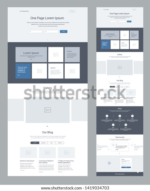 One\
page website design template for business. Landing page wireframe.\
Flat modern responsive design. Ux ui website template. Concept\
mockup layout for development. Best convert\
page.