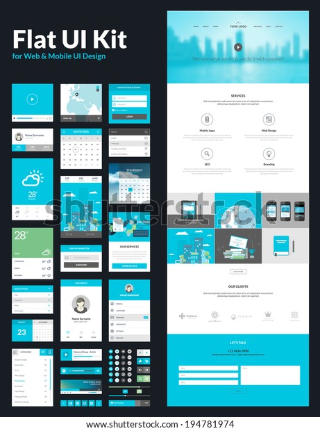 1ページのウェブサイトデザインテンプレート 1ページのウェブサイトテンプレート ウェブおよびモバイルuiデザイン用のフラットuiキット フラットデザイン コンセプトイラストを含む ウェブサイトデザイン用のすべてのセット のベクター画像素材 ロイヤリティフリー