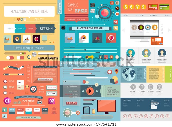 One Page Website Design Template with UI Elements kit
and Flat Design Concept Icons. Mobile Phones and Tablet PC Designs.
Set of Forms, Dividers, Borders and Buttons. Business Style.
Vector. 